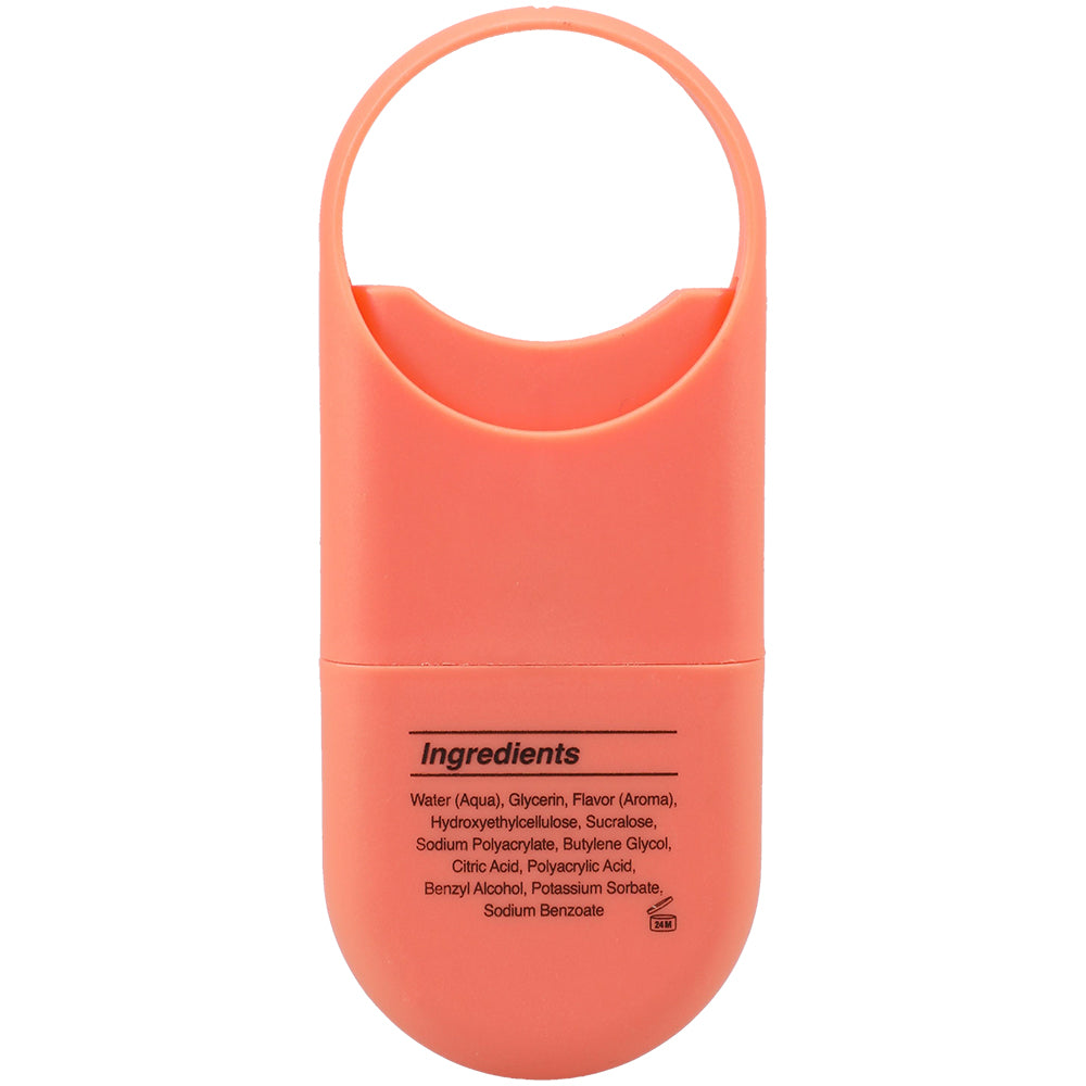 GoodHead Juicy Head Dry Mouth Spray Peach Bellini ingredients list on a peach-colored bottle.