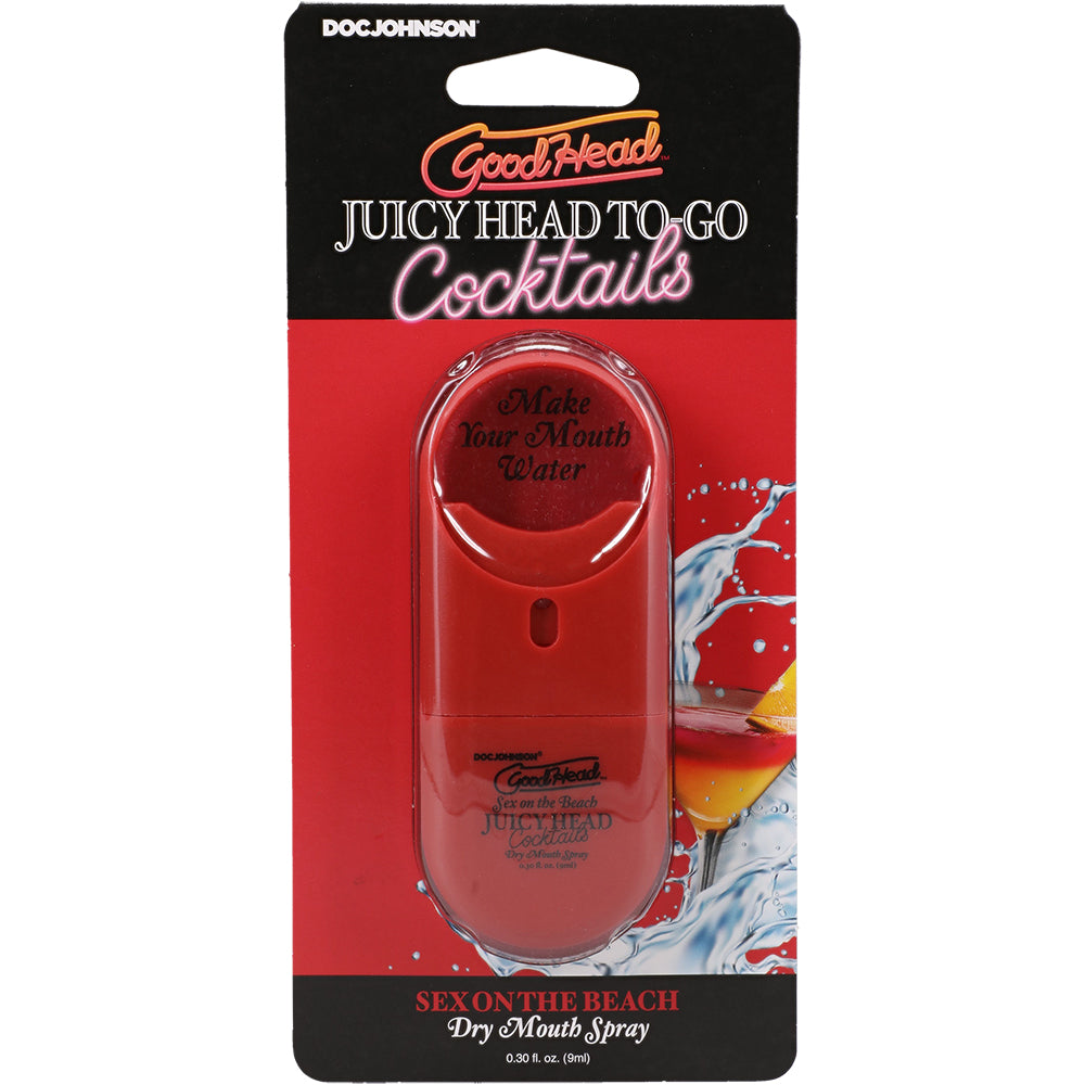 GoodHead Juicy Head Dry Mouth Spray Sex on the Beach packaging displaying moisture-boosting benefits for oral play.