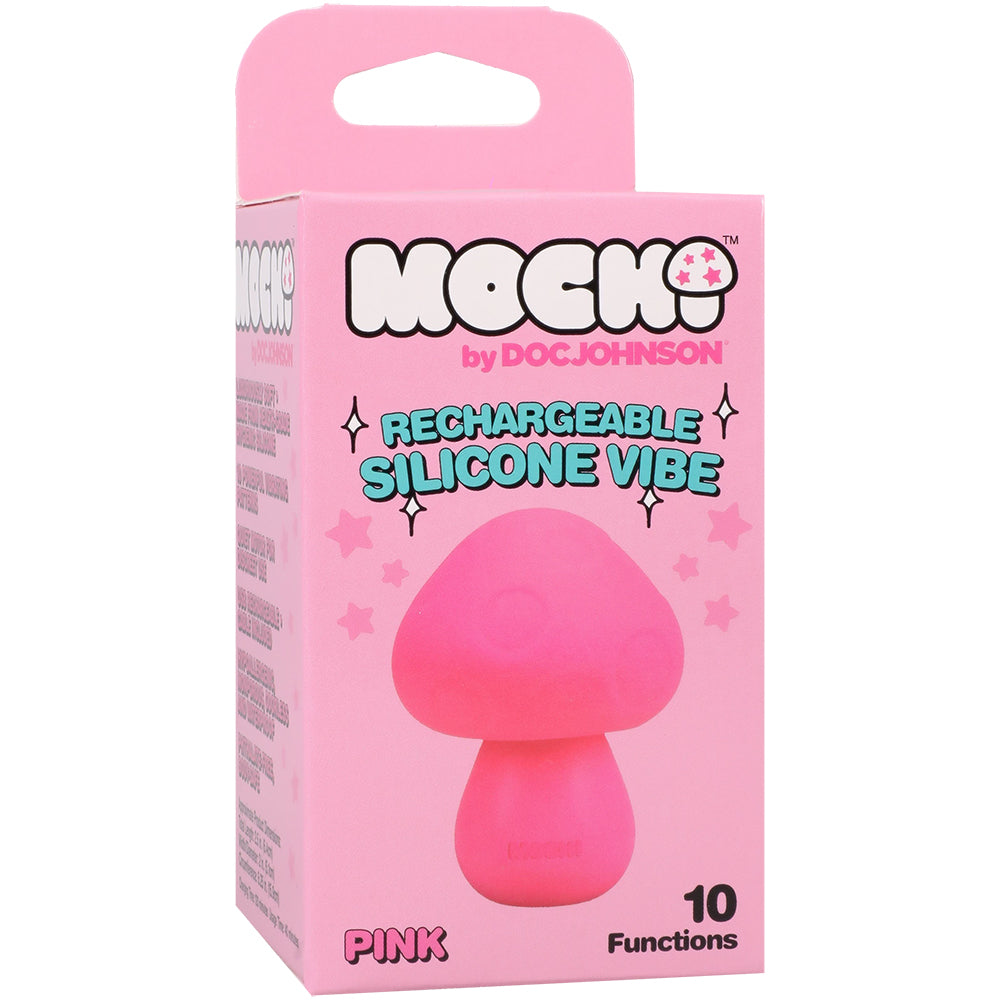 Mochi Mushroom Vibe 10 Function Silicone Vibrator Pink packaging showcasing the compact design and vibrant color.