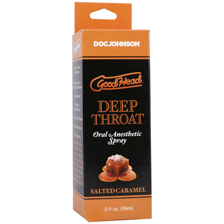 Goodhead Deep Throat Spray Salted Caramel 2 Oz packaging with a delicious caramel design.