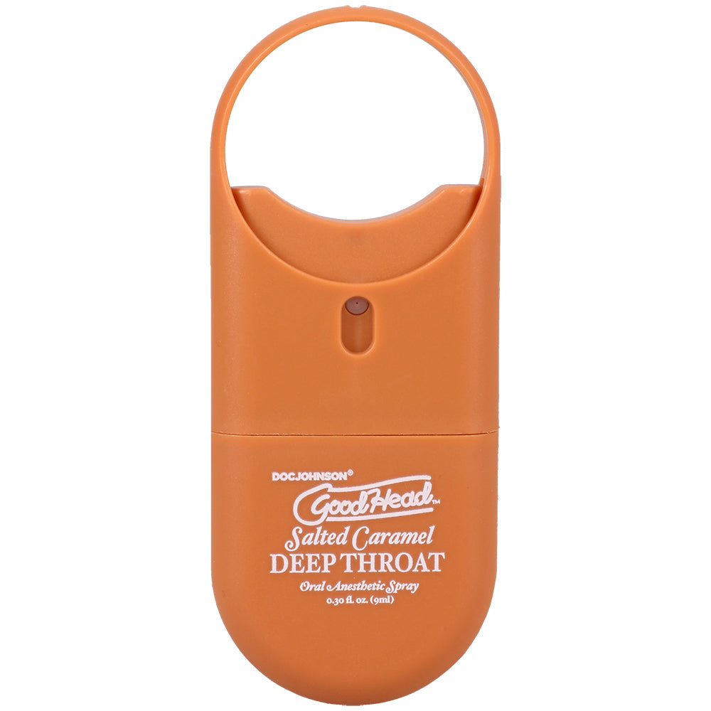 Goodhead Deep Throat Spray To-go Salted Caramel 0.30 Oz in orange packaging, perfect for easy and discreet use.