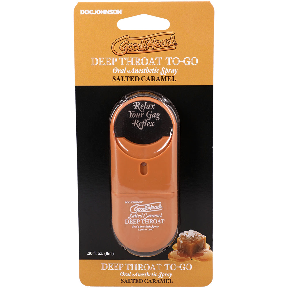 Goodhead Deep Throat Spray To-go Salted Caramel 0.30 Oz packaging, featuring a spray bottle for a no-gag reflex experience.