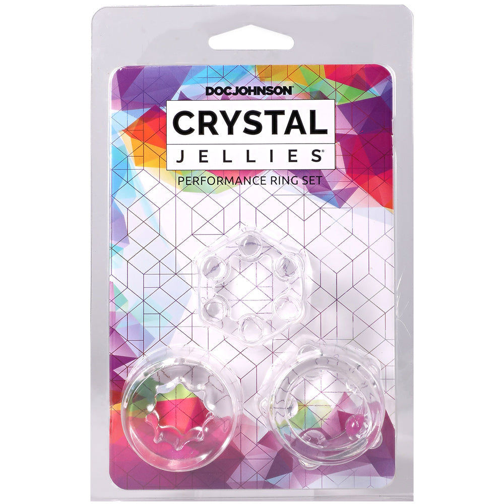 Crystal Jellies Performance Ring Set Clear packaging showing three textured rings for enhanced stimulation.