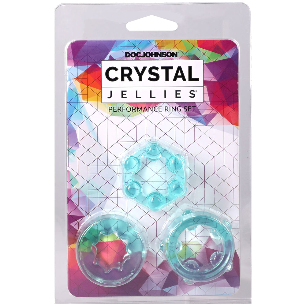 Crystal Jellies Performance Ring Set Teal packaging featuring three textured rings for enhanced stimulation.