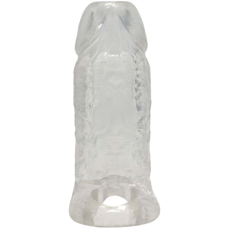 Titanmen Cock Sleeve With Ball Strap 4.5 Inch Clear enhances size and sensation with a built-in ball strap.