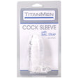 Titanmen Cock Sleeve With Ball Strap 4.5 Inch Clear in packaging display for enhanced size and sensation.