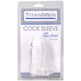 Titanmen Cock Sleeve With Ball Strap 4.5 Inch Clear in packaging display for enhanced size and sensation.