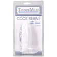 Titanmen Cock Sleeve With Ball Strap 5 Inch Clear packaging showcasing a clear cock sleeve with ball strap.