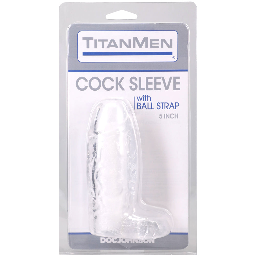 Titanmen Cock Sleeve With Ball Strap 5 Inch Clear packaging showcasing a clear cock sleeve with ball strap.