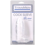 Titanmen Cock Sleeve With Ball Strap 5 Inch Clear packaging showcasing a clear cock sleeve with ball strap.