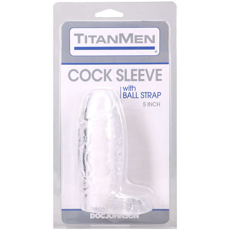 Titanmen Cock Sleeve With Ball Strap 5 Inch Clear packaging showcasing a clear cock sleeve with ball strap.