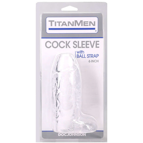 Titanmen Cock Sleeve With Ball Strap 6 Inch Clear in packaging for enhanced pleasure and stimulation.