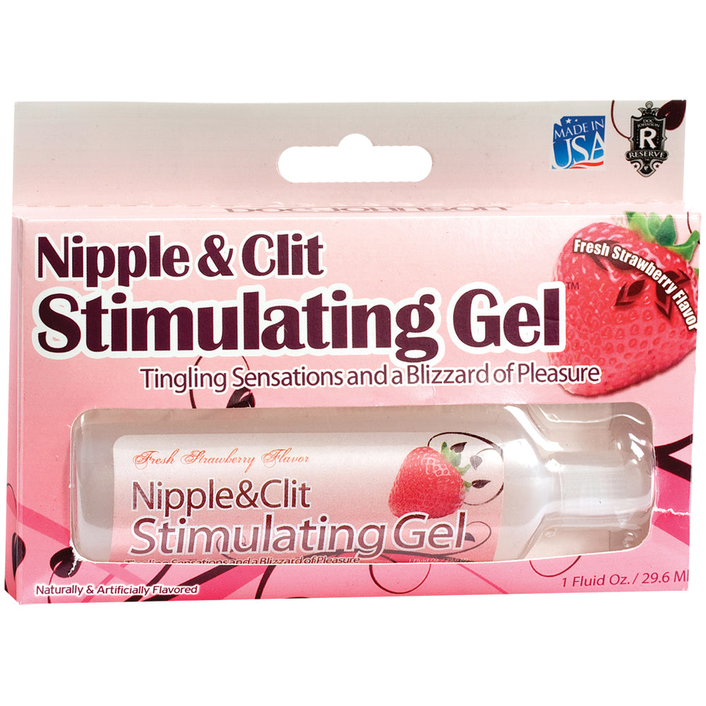 Doc Johnson Nipple & Clit Stimulating Gel Strawberry packaging, designed for heightened arousal with a fresh strawberry flavor.
