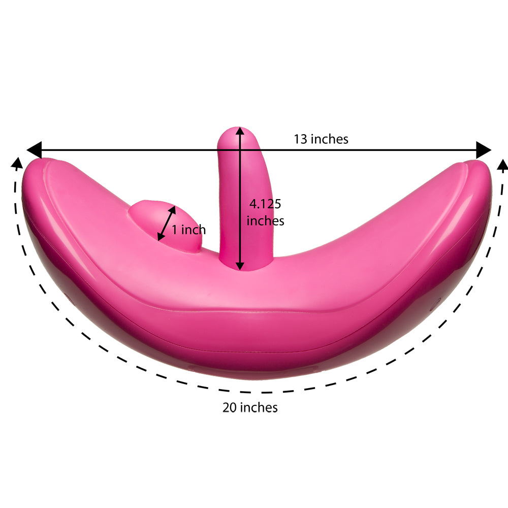 Doc Johnson iRide Pink Grinding Vibrator dimensions showing 20 inches wide and 13 inches tall, designed for hands-free pleasure.