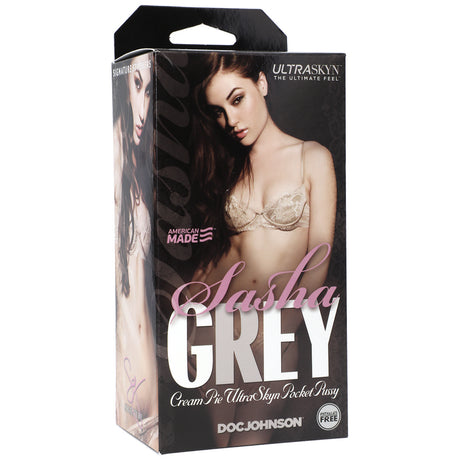 Signature Strokers Sasha Grey Ultraskyn Cream Pie Pocket Pussy product packaging with lifelike design.