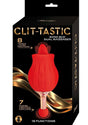 Clit-Tastic Rose Bud Dual Clitoral Massager Red packaging showcasing its 8 tongue-licking functions and sleek design.