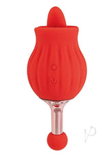 Clit-Tastic Rose Bud Dual Clitoral Massager Red with a sleek design and fluttering tongue-style licking feature.