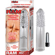 Ram Vibrating Penis Extender Clear with packaging showcasing its features and removable bullet.