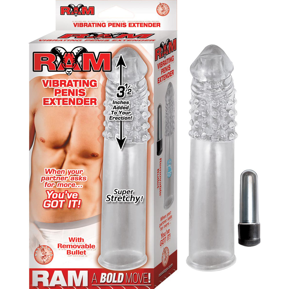 Ram Vibrating Penis Extender Clear with packaging showcasing its features and removable bullet.