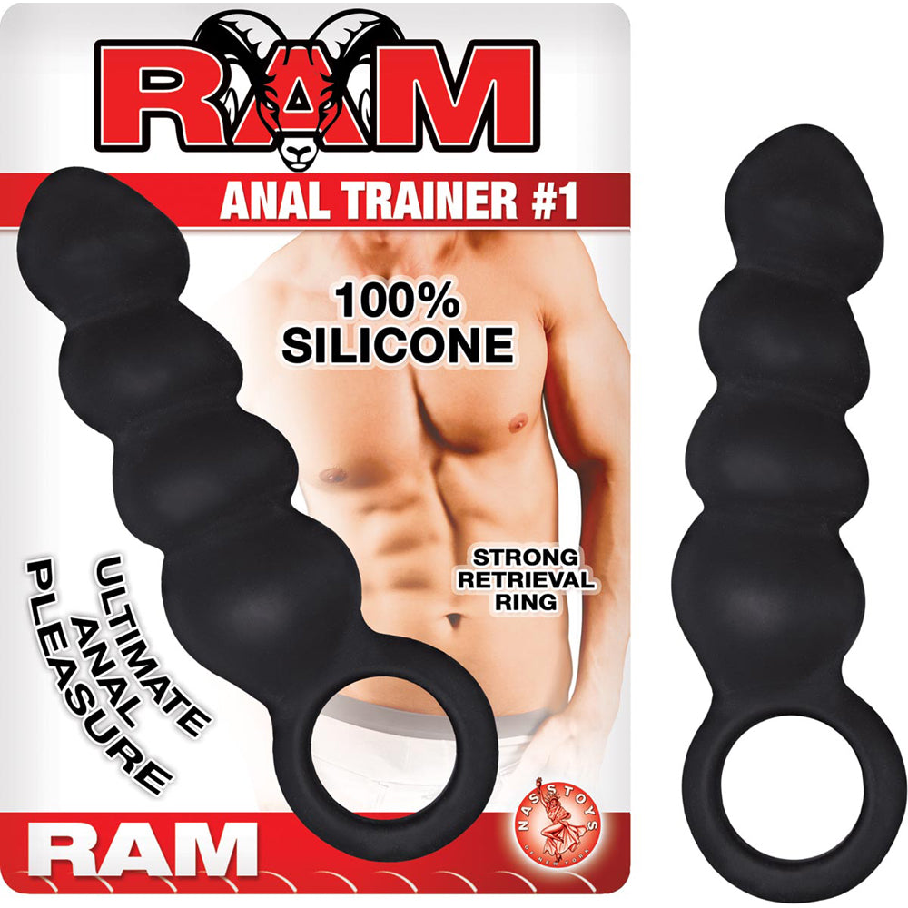 Nasstoys Ram Anal Trainer No 1 Silicone Probe Black packaging with silicone probe and strong retrieval ring.