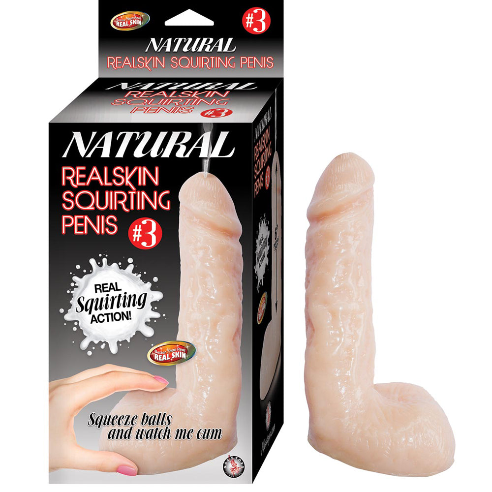 Natural Realskin Squirting Penis #3 Dildo Vanilla in packaging with instructions for squirting action.