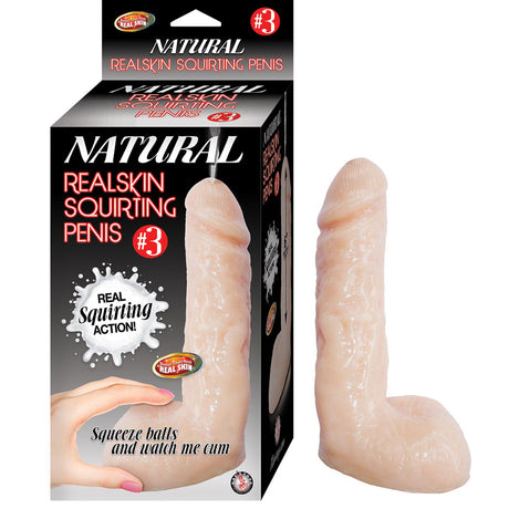Natural Realskin Squirting Penis #3 Dildo Vanilla in packaging with instructions for squirting action.