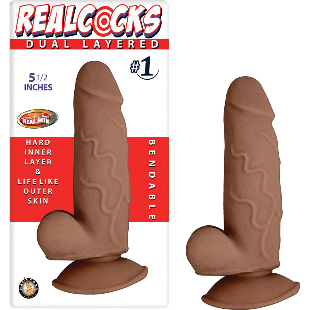 Realcocks Dual Layered No 1 Bendable Dildo 5.5 Inch Brown displayed with packaging showing its unique design.