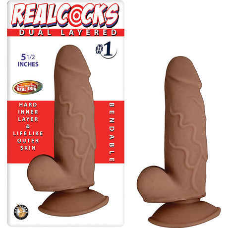 Realcocks Dual Layered No 1 Bendable Dildo 5.5 Inch Brown displayed with packaging showing its unique design.
