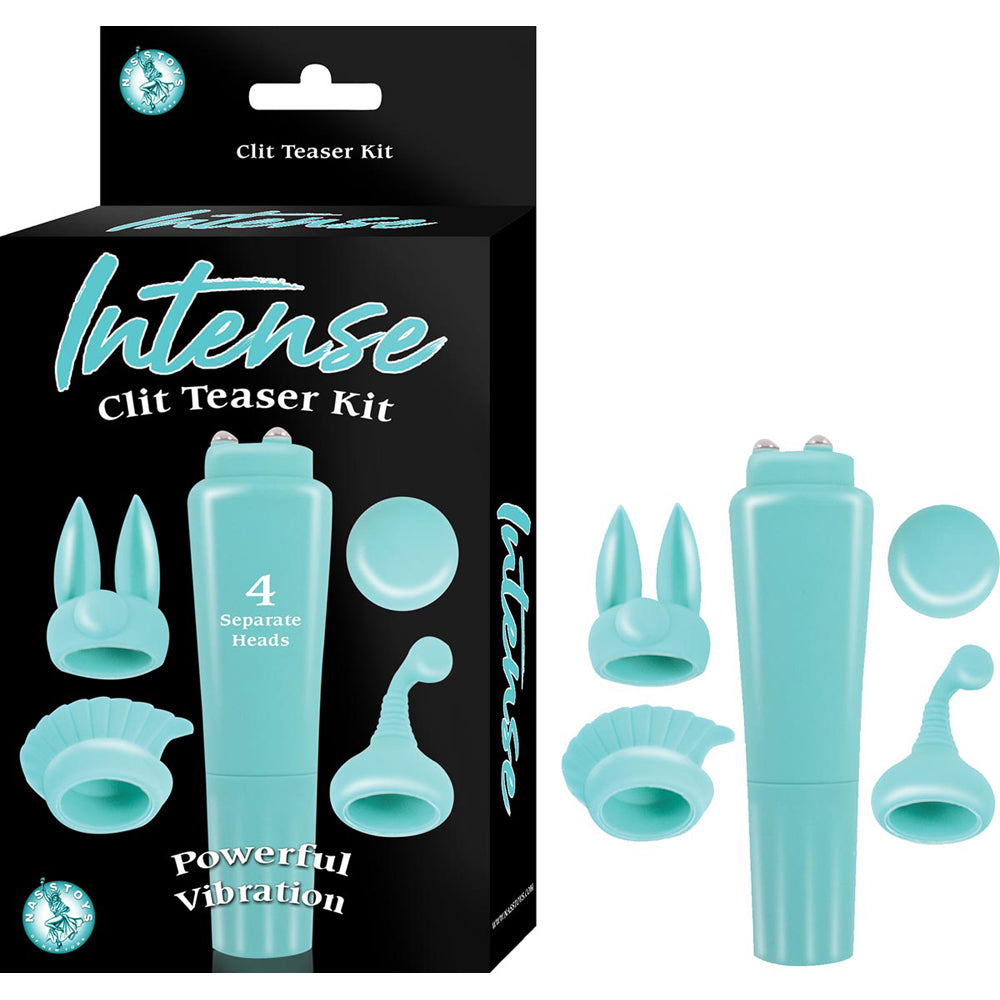 Nasstoys Intense Clit Teaser Kit Vibrator Aqua with 4 interchangeable attachments for powerful clitoral stimulation.