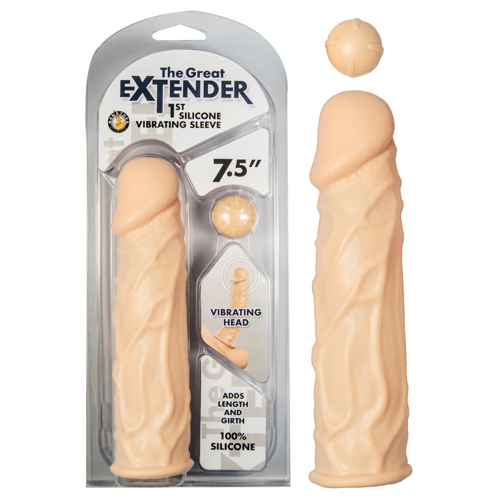 The Great Extender 1st Silicone Vibrating Sleeve 7.5 Flesh in packaging showcasing its design and features.
