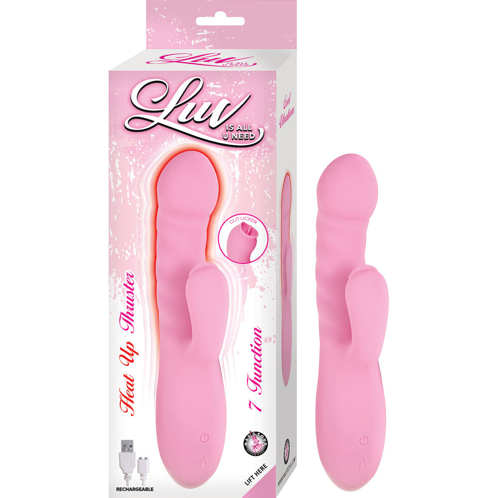 Luv Heat Up Thruster Silicone Rabbit Vibrator Pink in packaging with thrusting shaft and clitoral licker features.