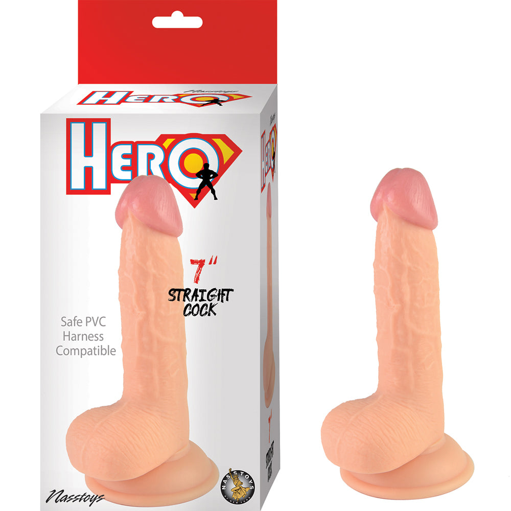 Nasstoys Hero 7 inch Straight Cock Dildo with Balls displayed next to packaging showing the product features.