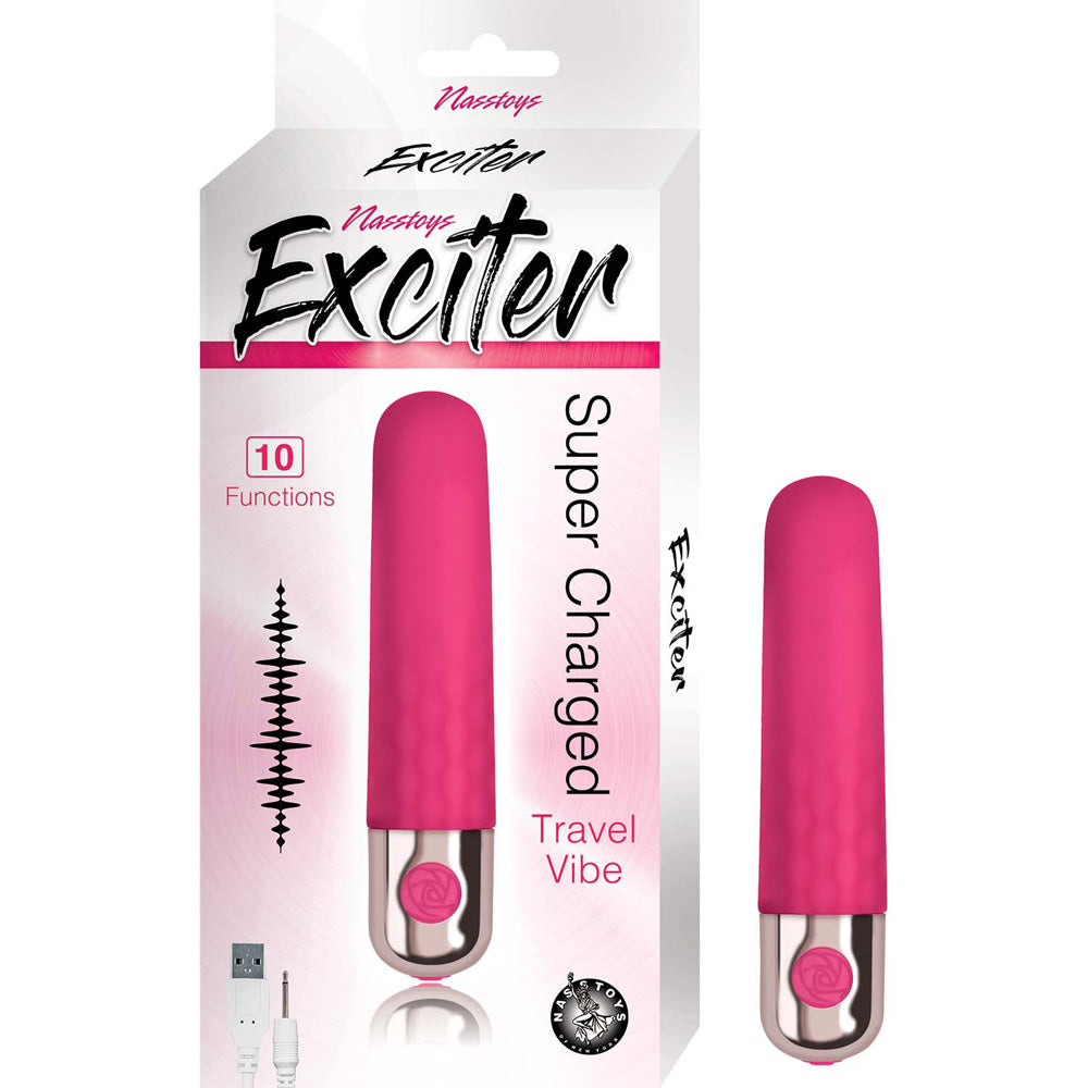 Nasstoys Exciter Travel Vibe Rechargeable Bullet Pink packaging and product image showcasing powerful stimulation.