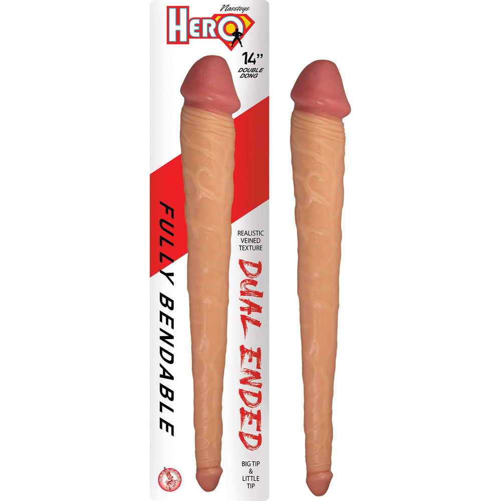 Nasstoys Hero 14 inch Double Dong White showing dual-ended design with realistic texture and flexibility.