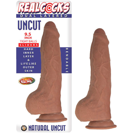 Realcocks Dual Layered Uncut Slider 9.5 inch Balls Brown, lifelike design with dual-density skin and tight balls.