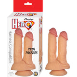 Nasstoys Hero Twin Fuckers Double Dildo White in packaging with strong suction-cup base for double penetration.