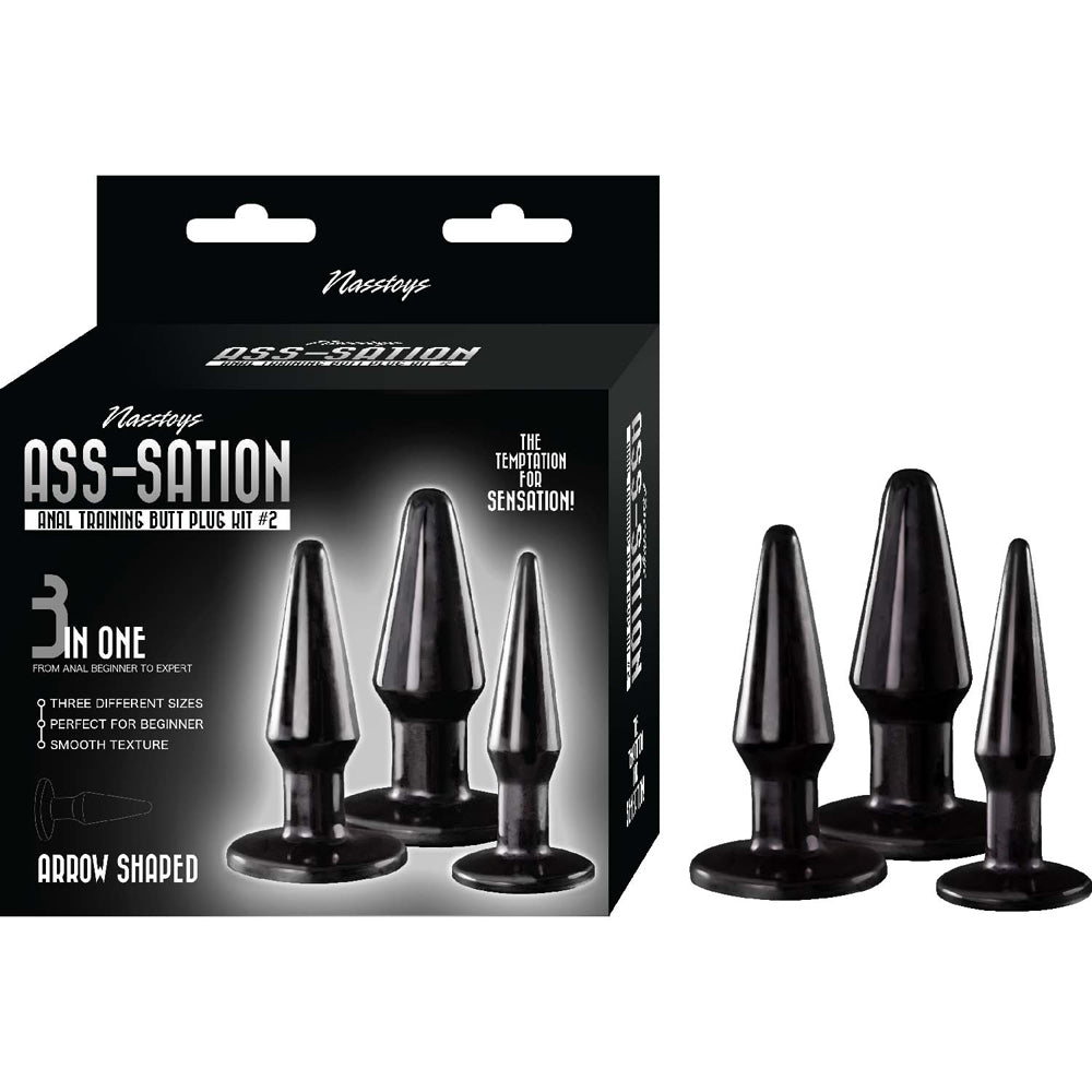 Nasstoys Ass-sation Anal Training Butt Plug Kit Black with three arrow-shaped plugs in graduated sizes for beginner anal play.