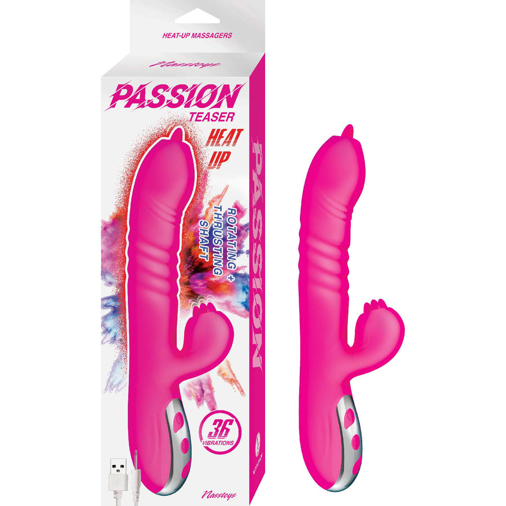 Nasstoys Passion Teaser Heat Up Rabbit Vibrator Pink packaging and product, highlighting dual motors and 36 vibrations.