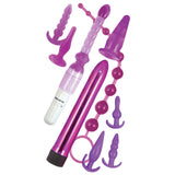 Purple Elite Collection Supreme Anal Play Kit Purple featuring graduated plugs, anal beads, and a multi-speed vibrator in vibrant purple.