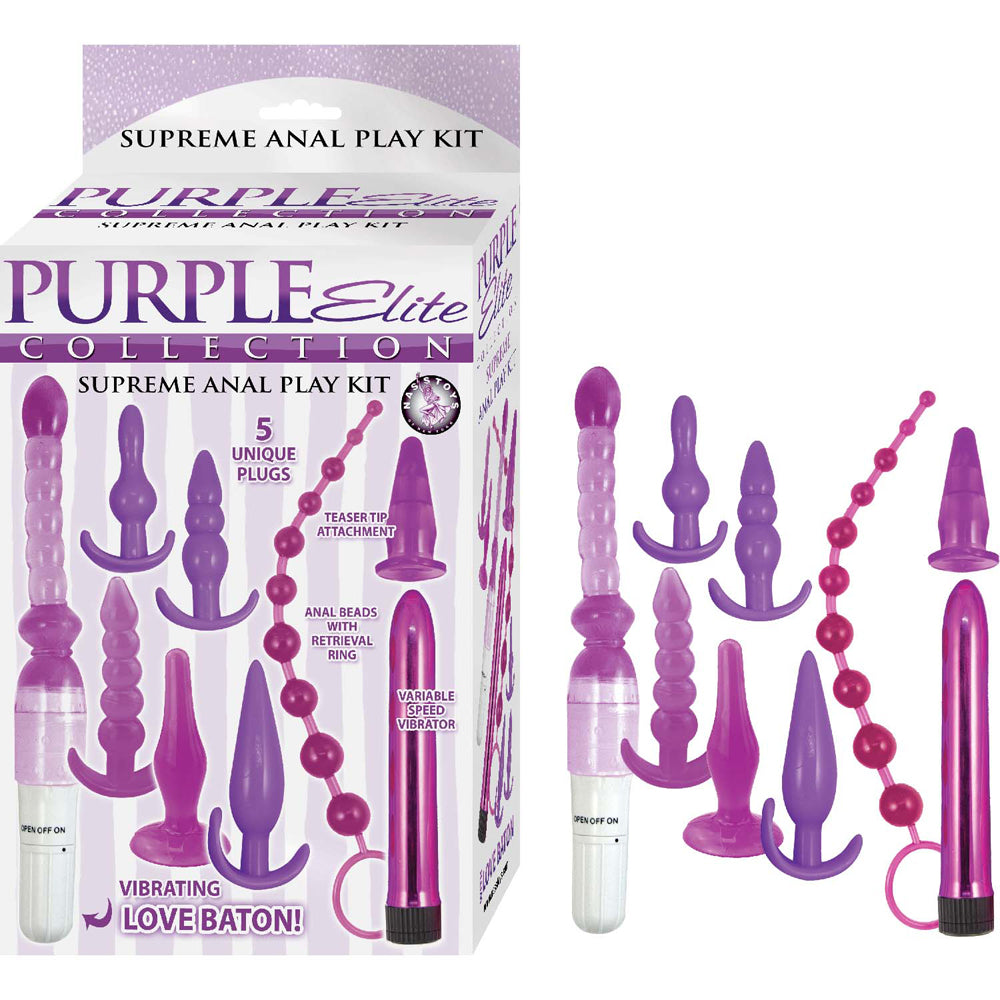 Purple Elite Collection Supreme Anal Play Kit Purple featuring five unique plugs and vibrating love baton.