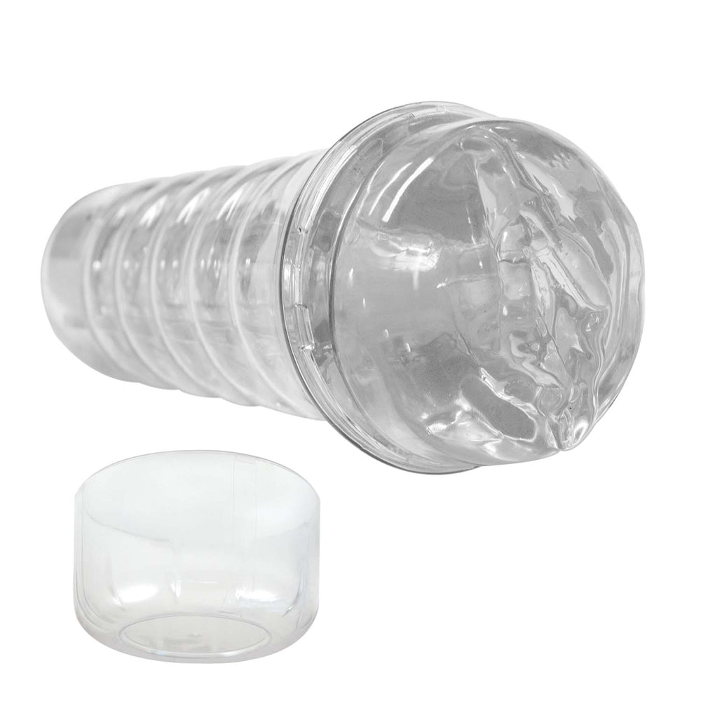 Dream-lite Crystal Vagina Masturbator Clear with textured body for enhanced pleasure and visibility.