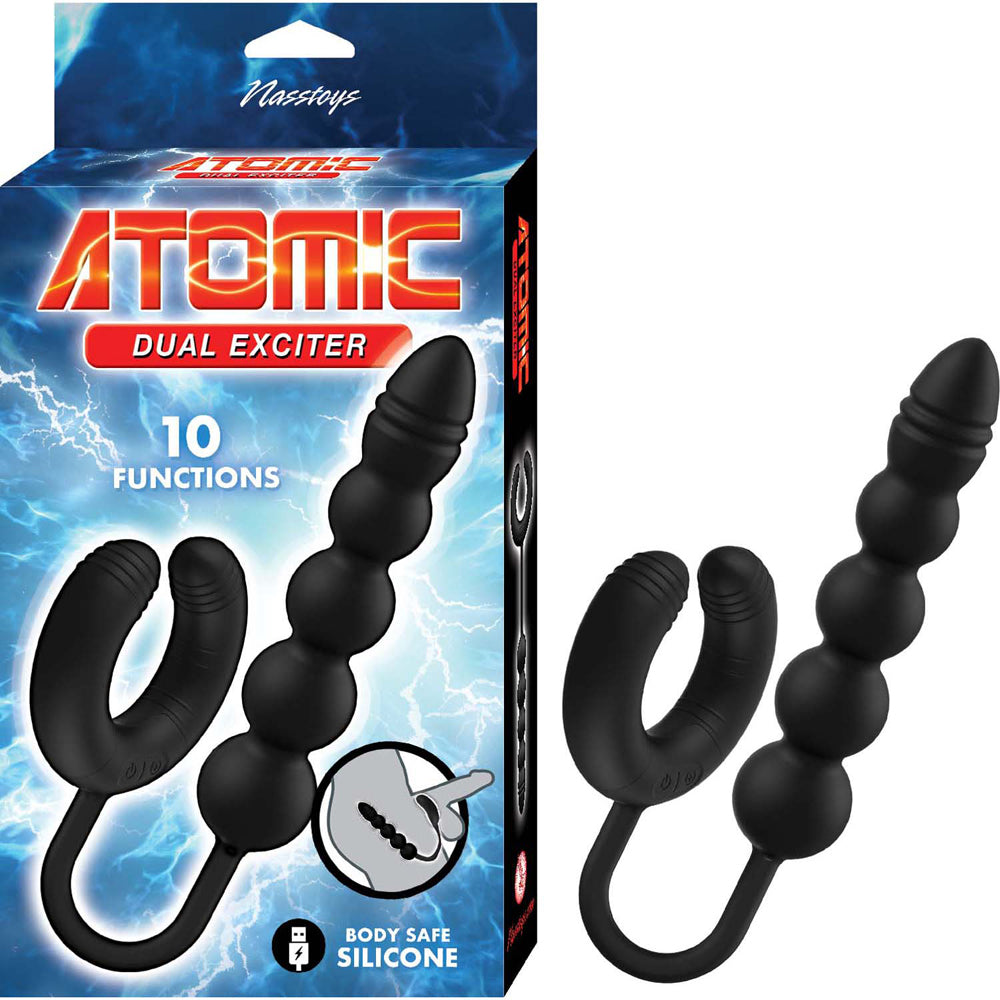 Nasstoys Atomic Dual Exciter Vibrating Cock Ring Black packaging displaying features and functions for versatile pleasure.