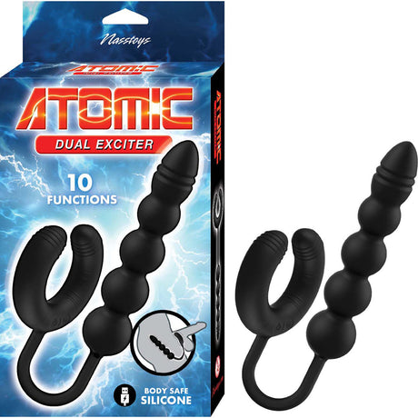 Nasstoys Atomic Dual Exciter Vibrating Cock Ring Black packaging displaying features and functions for versatile pleasure.