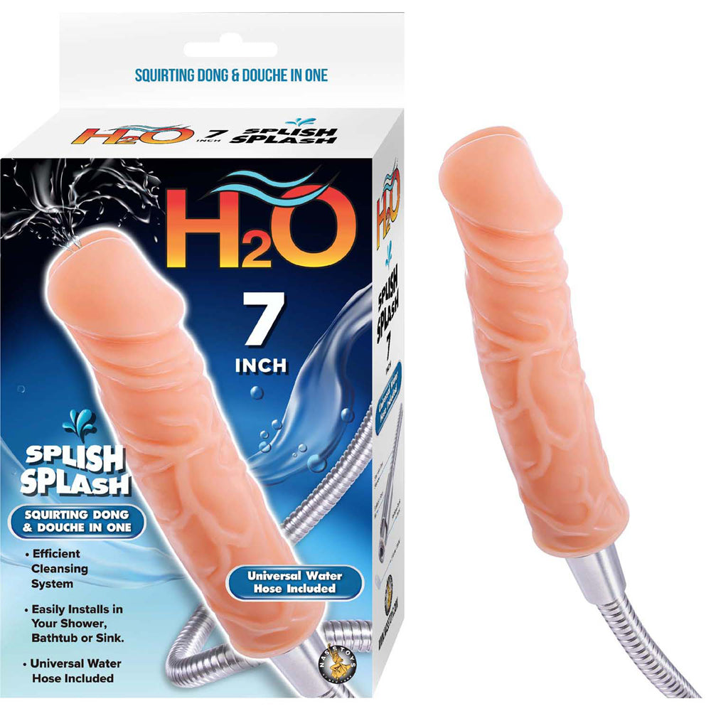 H20 Splish Splash 7 Inch Squirting Dong Douche White with a realistic design attached to a water hose.