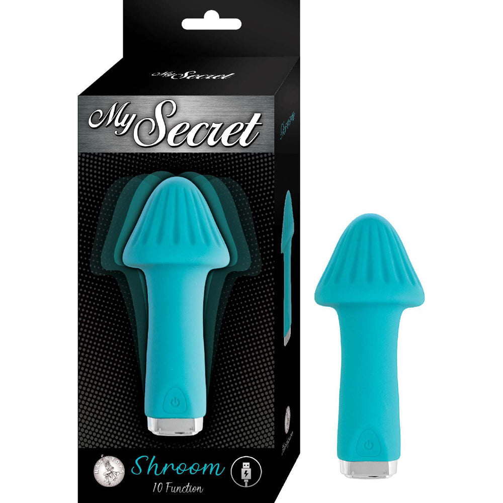 My Secret Shroom Silicone Bullet Vibrator Aqua packaging with a charming blue mushroom-shaped bullet vibe.