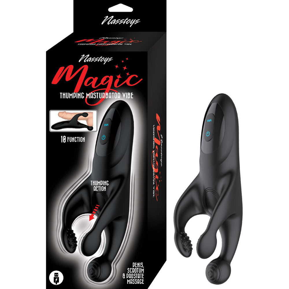 Nasstoys Magic Thumping Vibrating Masturbator Black packaging with thumping action and 10 function features.
