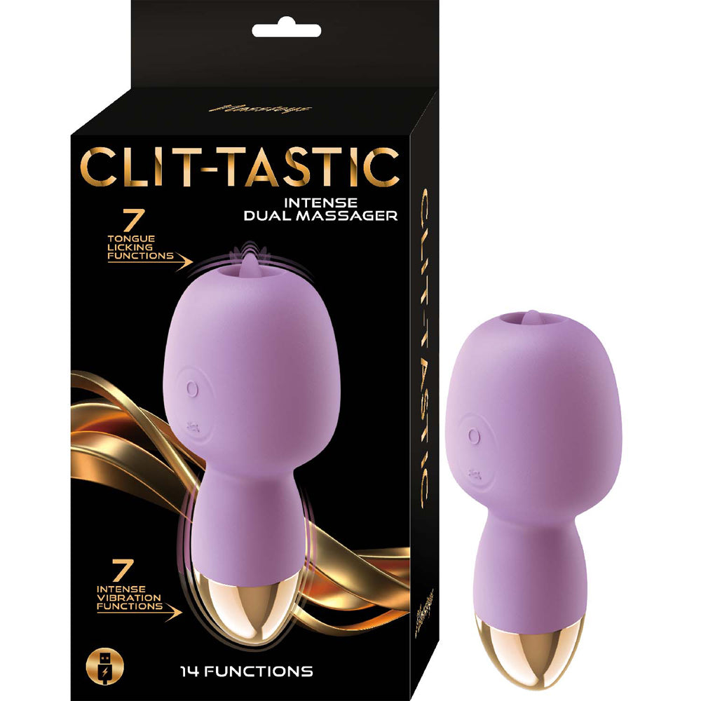 Nasstoys Clit-tastic Intense Dual Massager Lavender packaging showcasing its features and vibrant design.