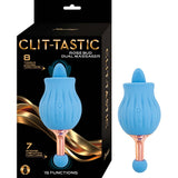 Nasstoys Clit-tastic Rose Bud Dual Massager Blue packaging and product showcasing its dual-ended design and features.