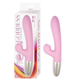 Goddess Tapping Thruster Rabbit Vibrator Lavender in pink packaging, showcasing dual-action design and tapping functions.