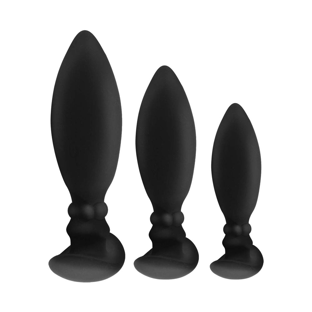 Ass-sation 3 In 1 Anal Training Kit Black - black silicone butt plugs in three sizes for anal training.